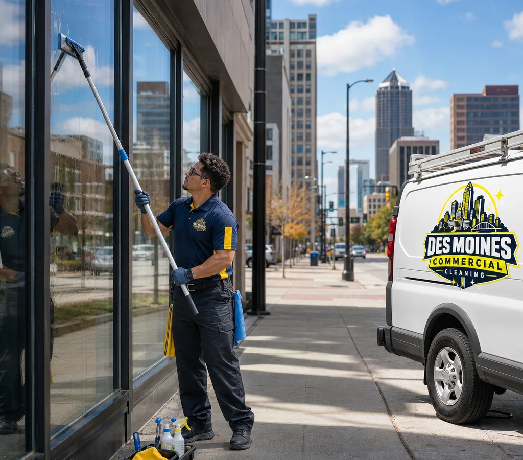 Uniformed technician cleaning large street-level storefront glass on a Des Moines commercial corridor