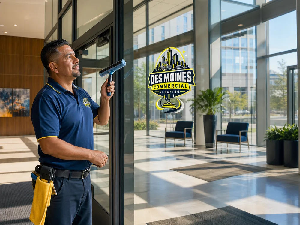 Clean office building lobby glass wall and entry doors with clear, streak-free visibility