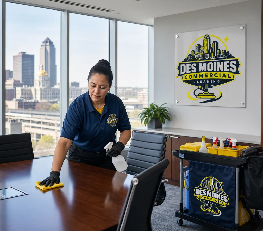 Uniformed cleaner disinfecting a conference table in a modern Des Moines office