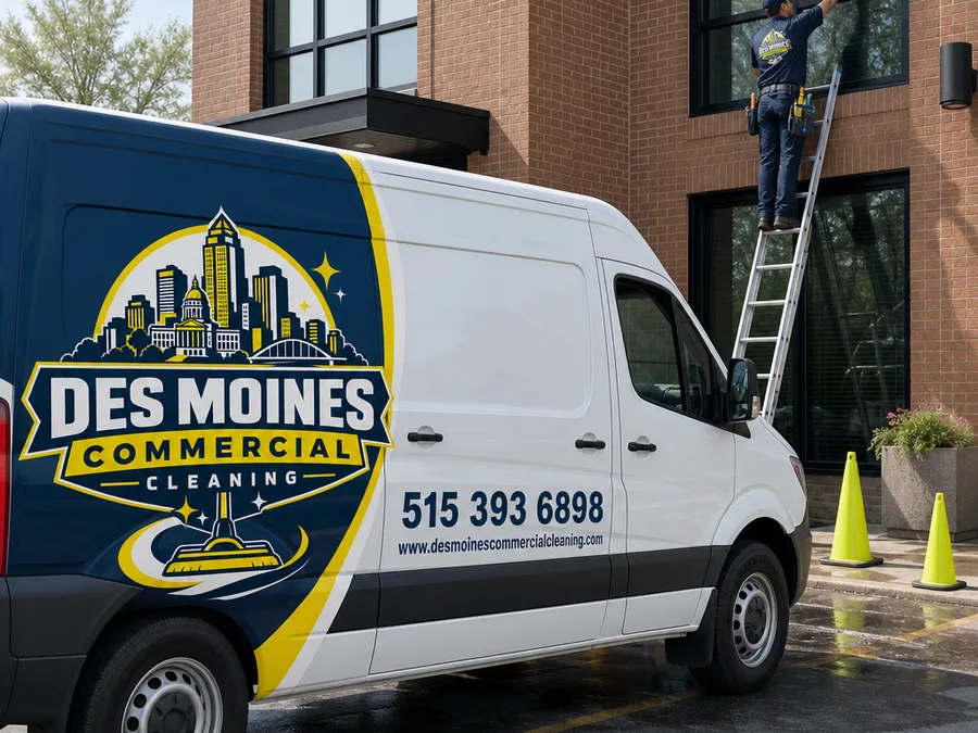 PPE-equipped technician removing construction dust from window frames and baseboards in a renovated office suite