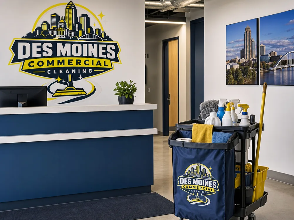 Clean Des Moines commercial lobby with a professional cleaner and neatly staged supply cart